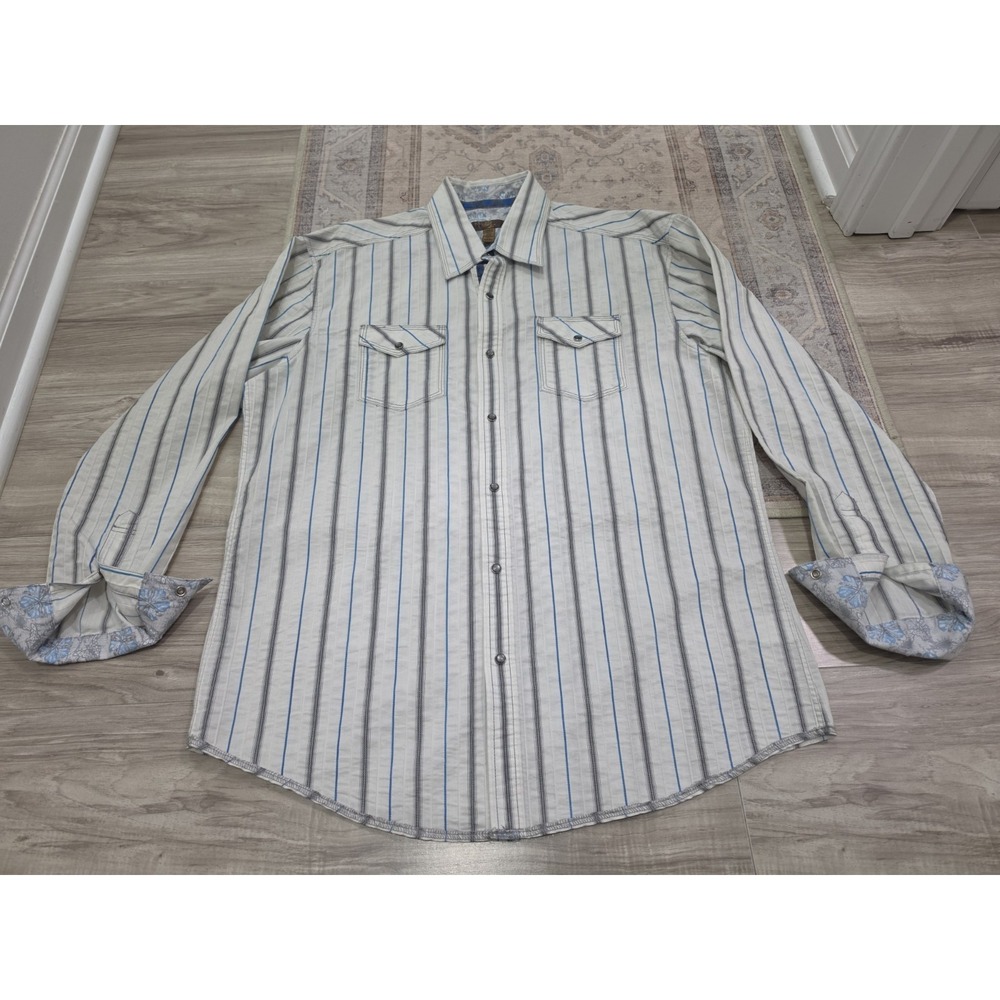 Blue Pronto Uomo Mens Size XL Snap Button Shirt White Blue Western Stripe Rodeo